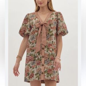 New vintage rose floral bow puff sleeve dress